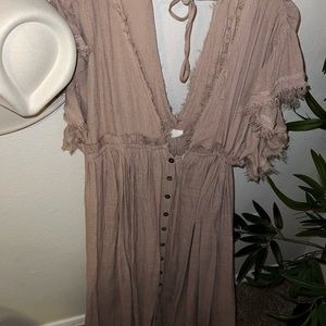 L TAN VICI BUTTON MAXI BOHO DRESS